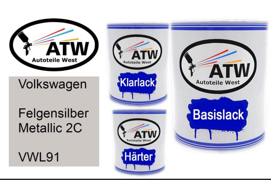 Volkswagen, Felgensilber Metallic 2C, VWL91: 1L Lackdose + 1L Klarlack + 500ml Härter - Set, von ATW Autoteile West.